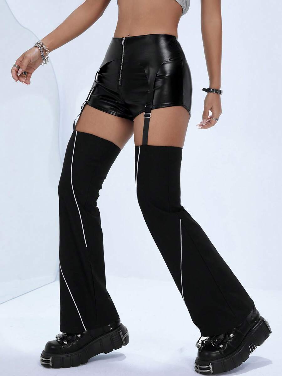 SHEIN ICON 織帶拼接鏤空PU皮革喇叭褲 - 黑色 - 查看 1