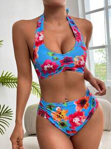 SHEIN Floral Print Halter Bikini Set - Multicolor - View 3