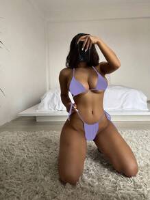 SHEIN Swim Summer Beach Plain Halter Triangle Tie Side Bikini Set - Lilac Purple - View 1