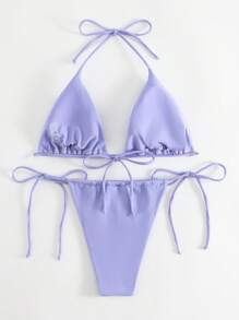 SHEIN Swim Summer Beach Plain Halter Triangle Tie Side Bikini Set - Lilac Purple - View 2