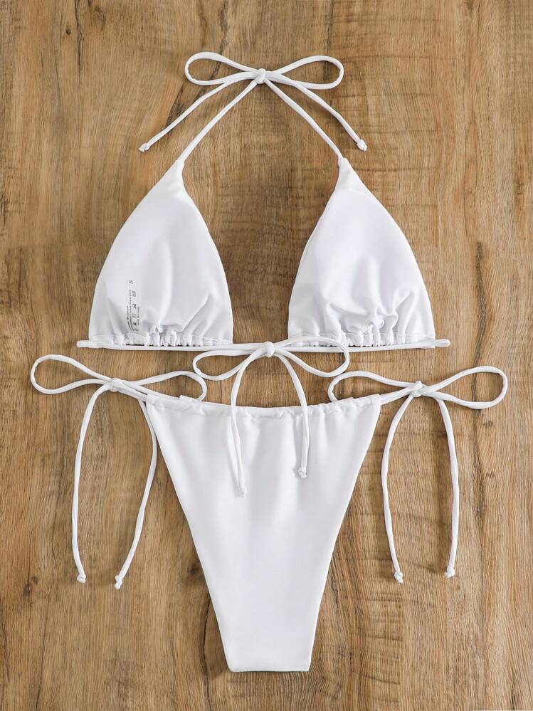 SHEIN Swim 吊脖三角形側繫帶比基尼泳裝 - 白色 - 查看 2