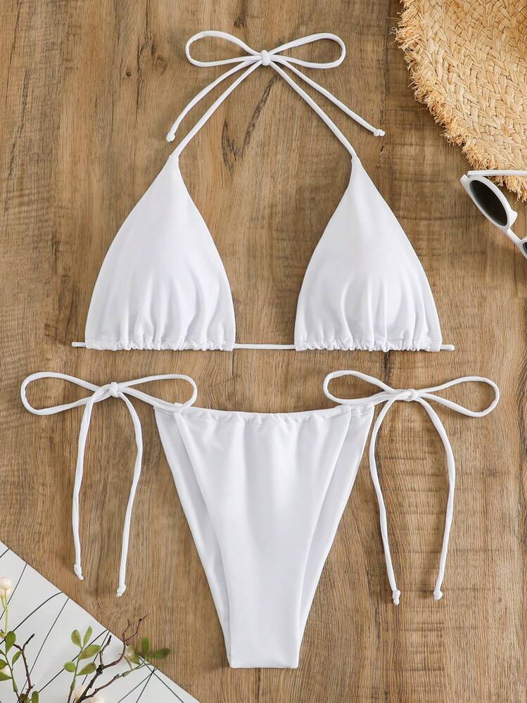 SHEIN Swim 吊脖三角形側繫帶比基尼泳裝 - 白色 - 查看 5