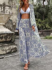 Breezaya 滿版印花燈籠袖開門襟外套和闊腿褲 - 淺藍色 - 查看 3