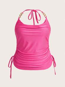 SHEIN ICON Plus Chain Detail Drawstring Side Halter Top - Hot Pink - View 1