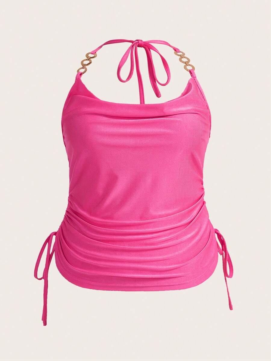 SHEIN ICON Plus Chain Detail Drawstring Side Halter Top - Hot Pink - View 1