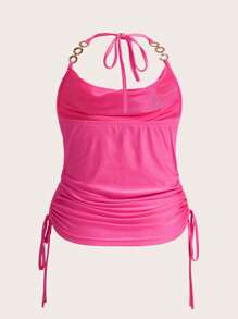 SHEIN ICON Plus Chain Detail Drawstring Side Halter Top - Hot Pink - View 2