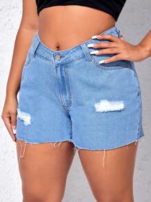 SHEIN EZwear Shorts mezclilla desgarro bajo crudo - Lavado ligero - Ver 1