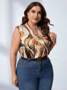 SHEIN Clasi 大碼大理石圖案V領襯衫 - 彩色 - 查看 4