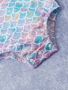 SHEIN Baby Fish Scales Print Ruffle Trim Bodysuit & Mermaid Skirt Costume Set - Multicolor - View 5