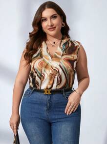 SHEIN Clasi 大碼大理石圖案V領襯衫 - 彩色 - 查看 7