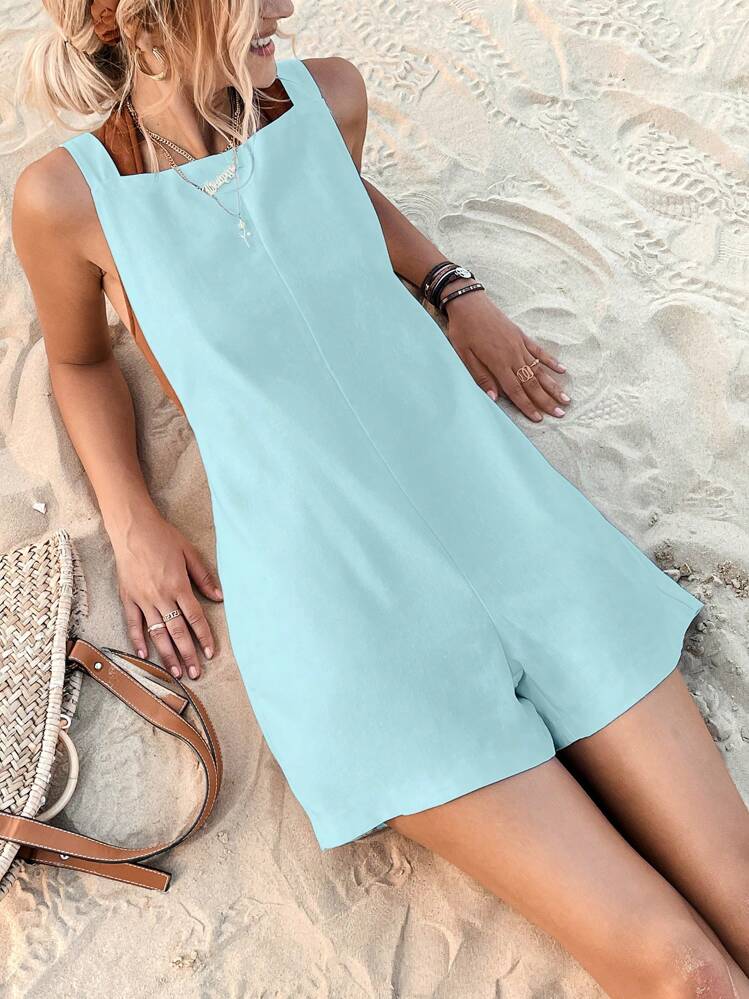 SHEIN VCAY Áo liền quần nữ Nút màu trơn Giải trí - Màu xanh nhạt - Xem 5