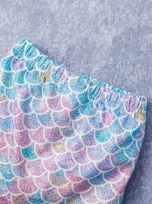 SHEIN Baby Fish Scales Print Ruffle Trim Bodysuit & Mermaid Skirt Costume Set - Multicolor - View 7