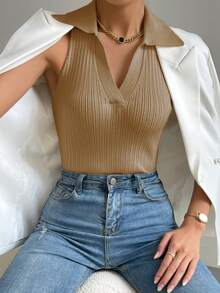 SHEIN Essnce Solid Ribbed Knit Top - Camel - View 6