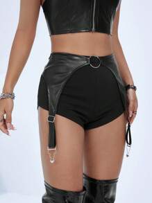 SHEIN X Doris Jocelyn SHEIN ICON Quần đùi nữ Bất đối xứng Nhẫn màu trơn Giải trí - màu đen - Xem 4