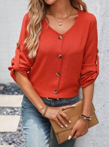 SHEIN LUNE 捲邊袖前紐扣襯衫 - 鏽棕色 - 查看 3