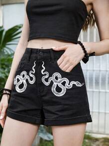 ROMWE Goth 蛇印花牛仔短褲 - 黑色 - 查看 5