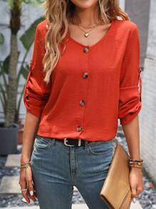 SHEIN LUNE 捲邊袖前紐扣襯衫 - 鏽棕色 - 查看 5