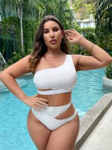 SHEIN Swim Curve Plus Size Cut Out One Shoulder Bikini Set Summer Beach - White - View 4