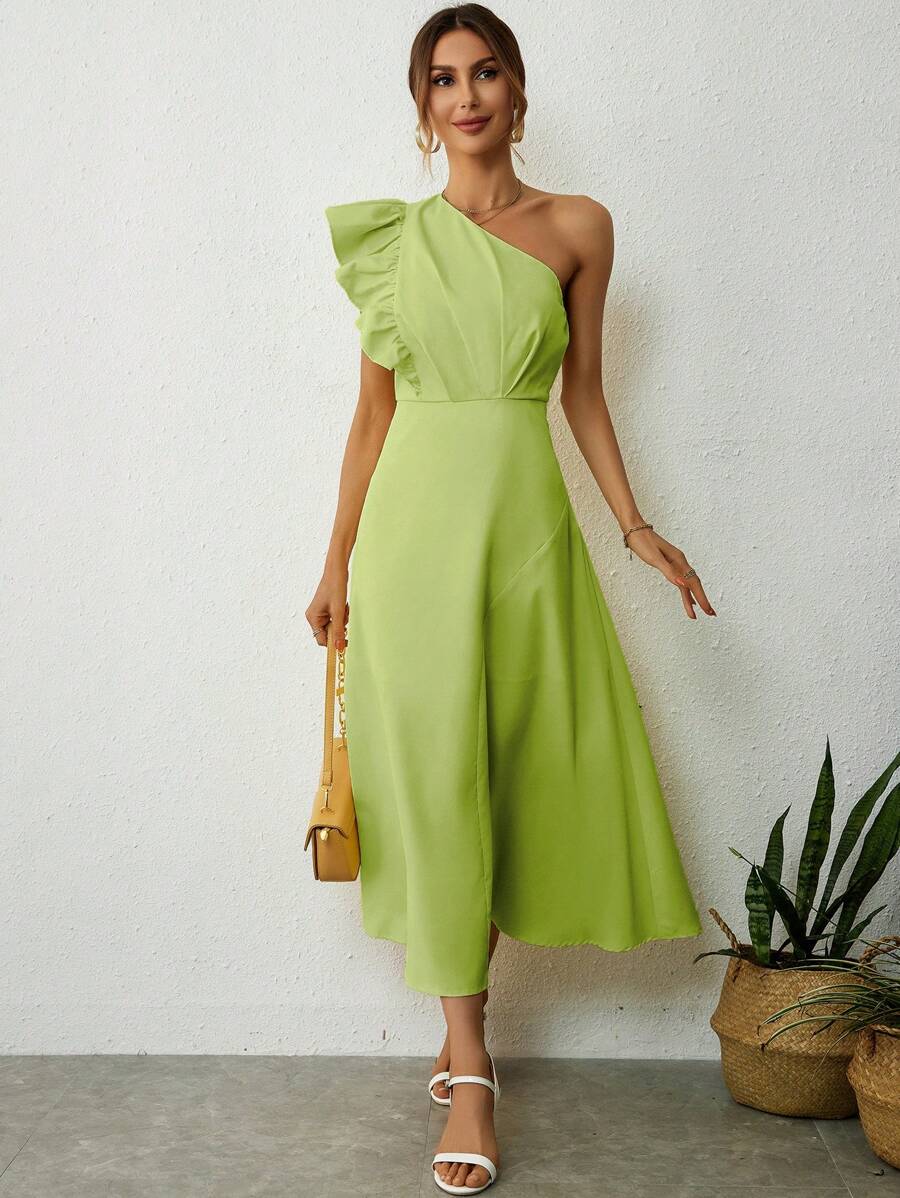 SHEIN Privé One Shoulder Ruffle Trim Dress - Green - View 1