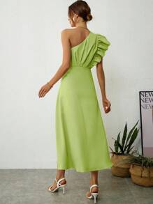 SHEIN Privé One Shoulder Ruffle Trim Dress - Green - View 2