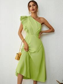 SHEIN Privé One Shoulder Ruffle Trim Dress - Green - View 4