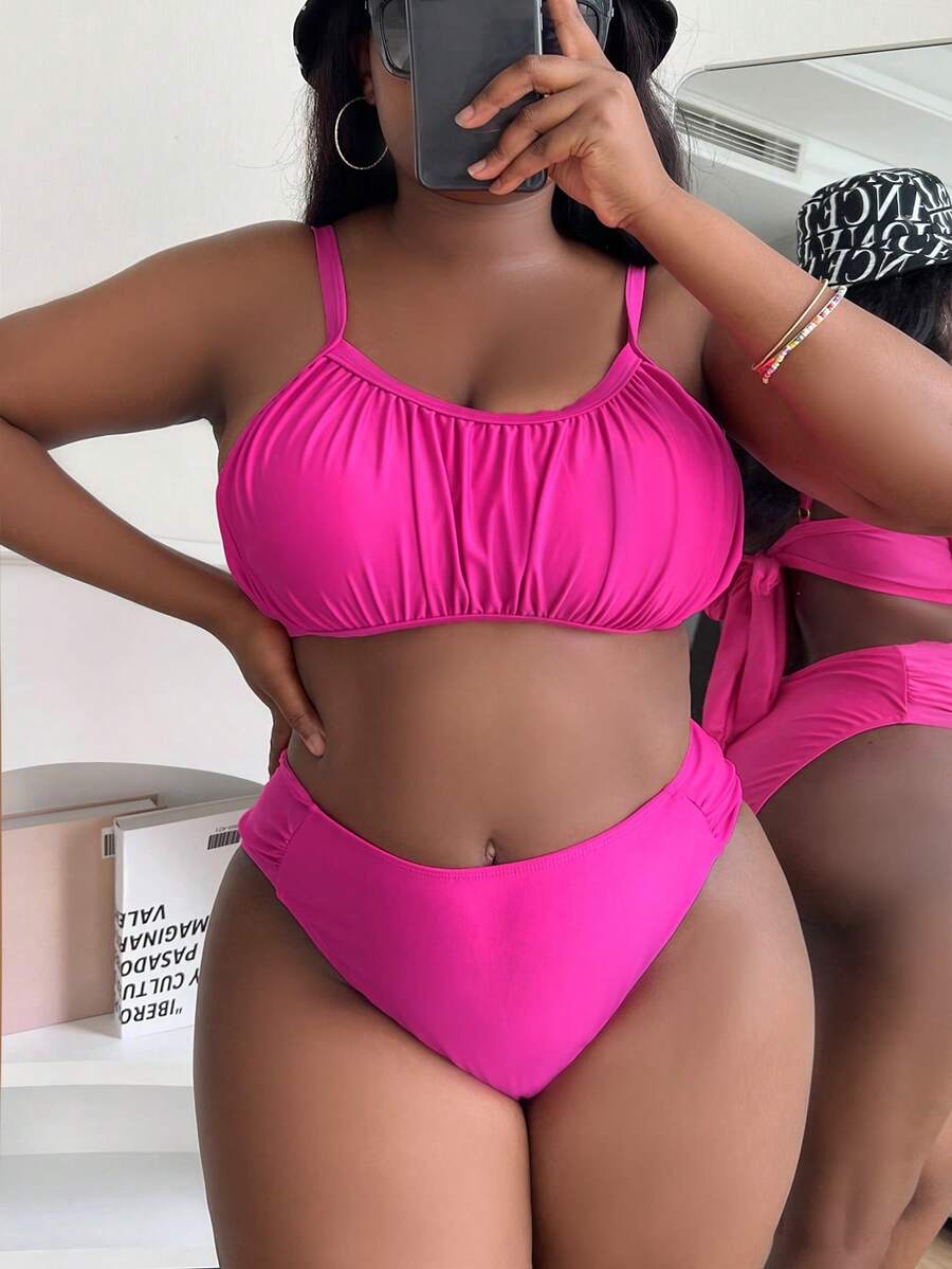 SHEIN Swim Curve Plus Size Ruched Bust Bikini Set Summer Beach - Hot Pink - View 1