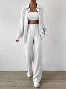 SHEIN EZwear 落肩袖襯衫和闊腿褲和抹胸上衣