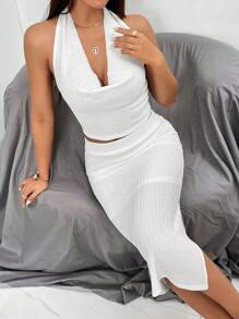 SHEIN Privé Draped Front Backless Halter Top & Split Thigh Skirt - White - View 1