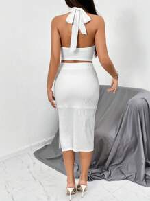 SHEIN Privé Draped Front Backless Halter Top & Split Thigh Skirt - White - View 2