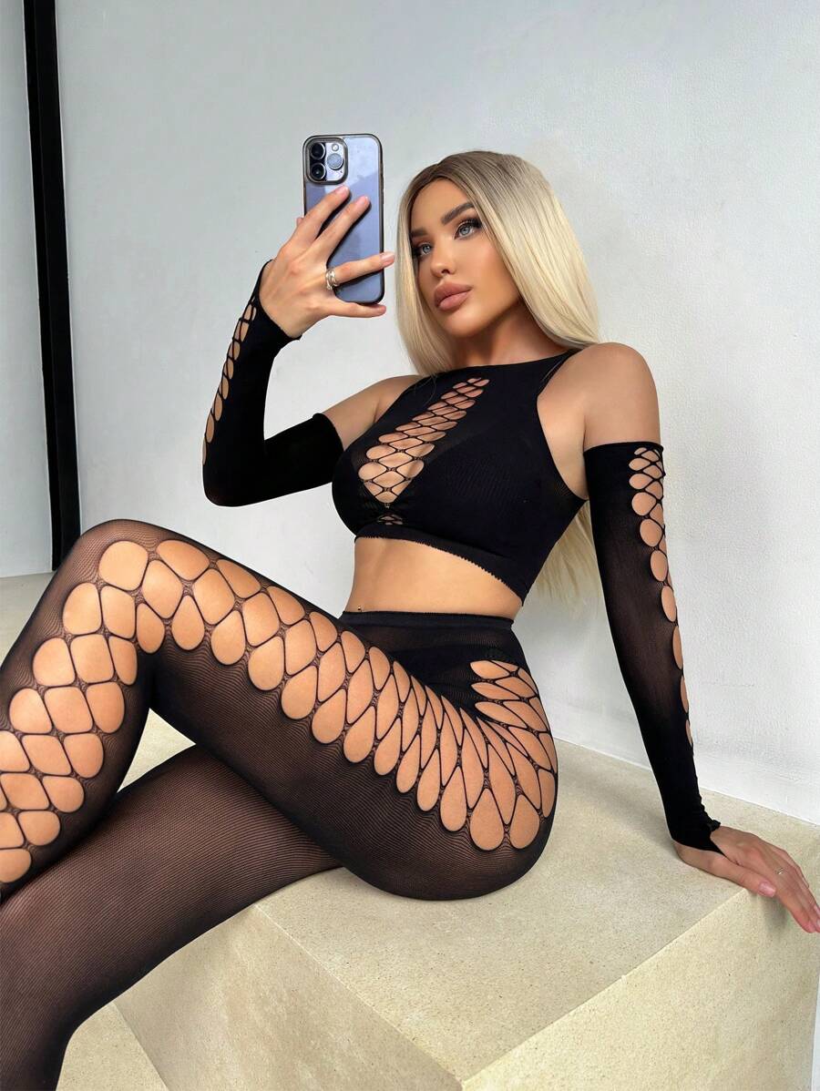 Cut Out Fishnet Lingerie Set With 1pair Oversleeves - Black - View 1
