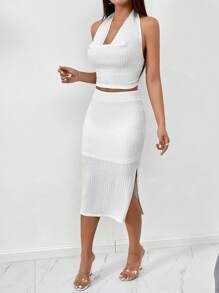 SHEIN Privé Draped Front Backless Halter Top & Split Thigh Skirt - White - View 4