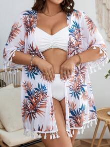 SHEIN Swim Curve 大碼熱帶圖案流蘇邊和服罩衫