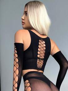 Cut Out Fishnet Lingerie Set With 1pair Oversleeves - Black - View 2