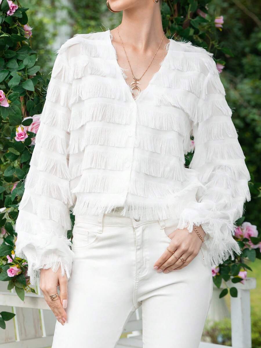 SHEIN Privé Áo sơ mi nữ Tương phản lông thú giả mép Nút phía trước màu trơn Giải trí - trắng - Xem 1