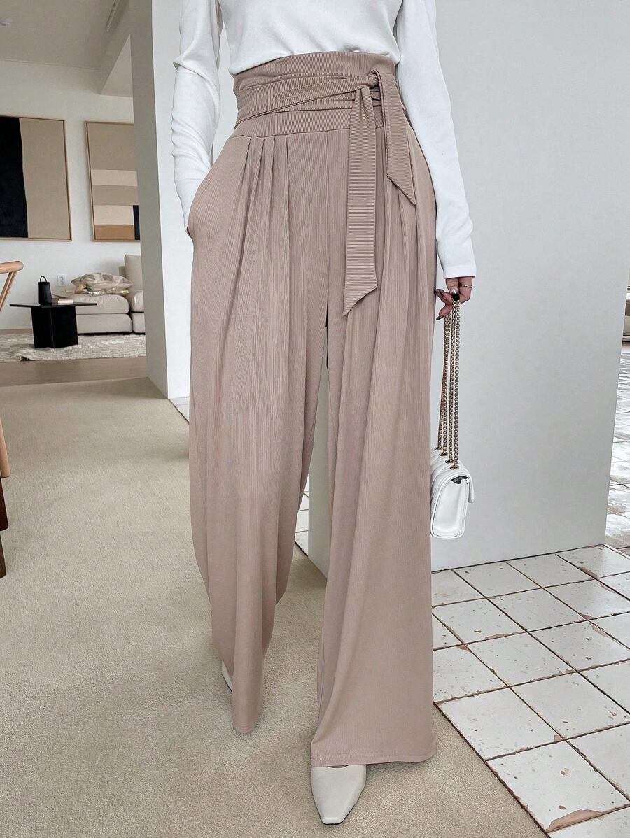 DAZY 纯色系带阔腿裤，教师裤 - 卡其色 - 查看 1