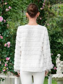 SHEIN Privé Áo sơ mi nữ Tương phản lông thú giả mép Nút phía trước màu trơn Giải trí - trắng - Xem 2