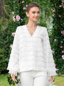 SHEIN Privé Áo sơ mi nữ Tương phản lông thú giả mép Nút phía trước màu trơn Giải trí - trắng - Xem 3