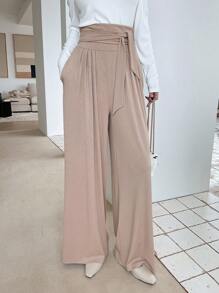 DAZY 纯色系带阔腿裤，教师裤 - 卡其色 - 查看 5