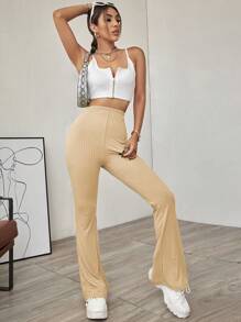 SHEIN EZwear 高腰喇叭褲 - 卡其色 - 查看 4