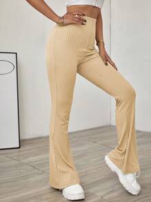 SHEIN EZwear 高腰喇叭褲 - 卡其色 - 查看 5
