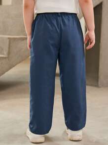 SHEIN Phong cách đường phố giản dị dành cho bé trai tập đi Quần ống đứng dáng rộng, vừa vặn, thể thao, có dây thắt lưng co giãn và khóa đeo hông, túi nắp, mùa hè - Màu xanh bụi bặm - Xem 2