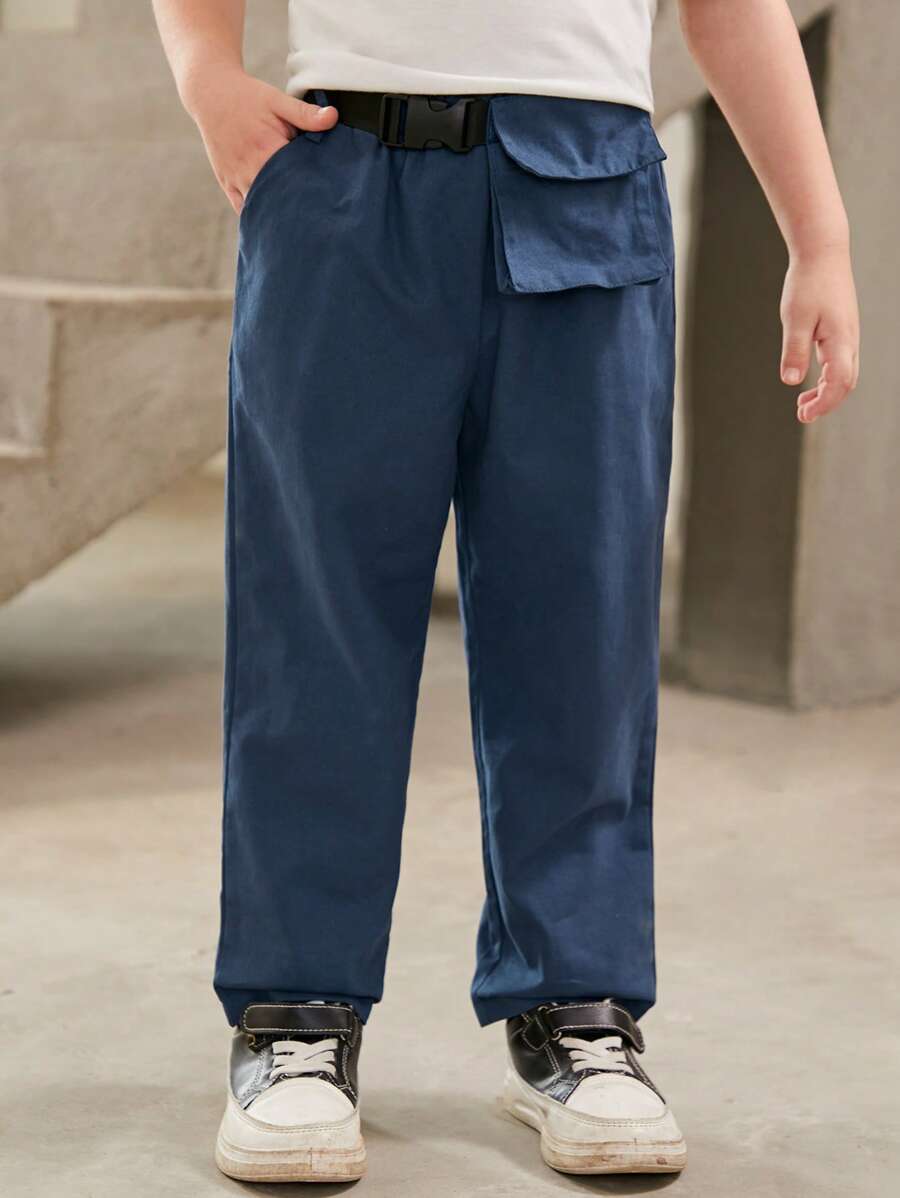 SHEIN Phong cách đường phố giản dị dành cho bé trai tập đi Quần ống đứng dáng rộng, vừa vặn, thể thao, có dây thắt lưng co giãn và khóa đeo hông, túi nắp, mùa hè - Màu xanh bụi bặm - Xem 1