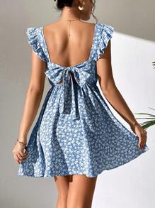 SHEIN PETITE Ditsy Floral Tie Backless Ruffle Trim Dress - Blue - View 1