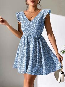SHEIN PETITE Ditsy Floral Tie Backless Ruffle Trim Dress - Blue - View 2