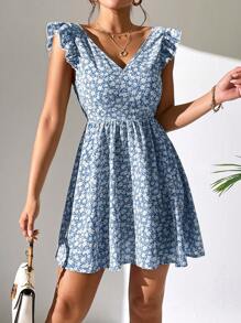 SHEIN PETITE Ditsy Floral Tie Backless Ruffle Trim Dress - Blue - View 5