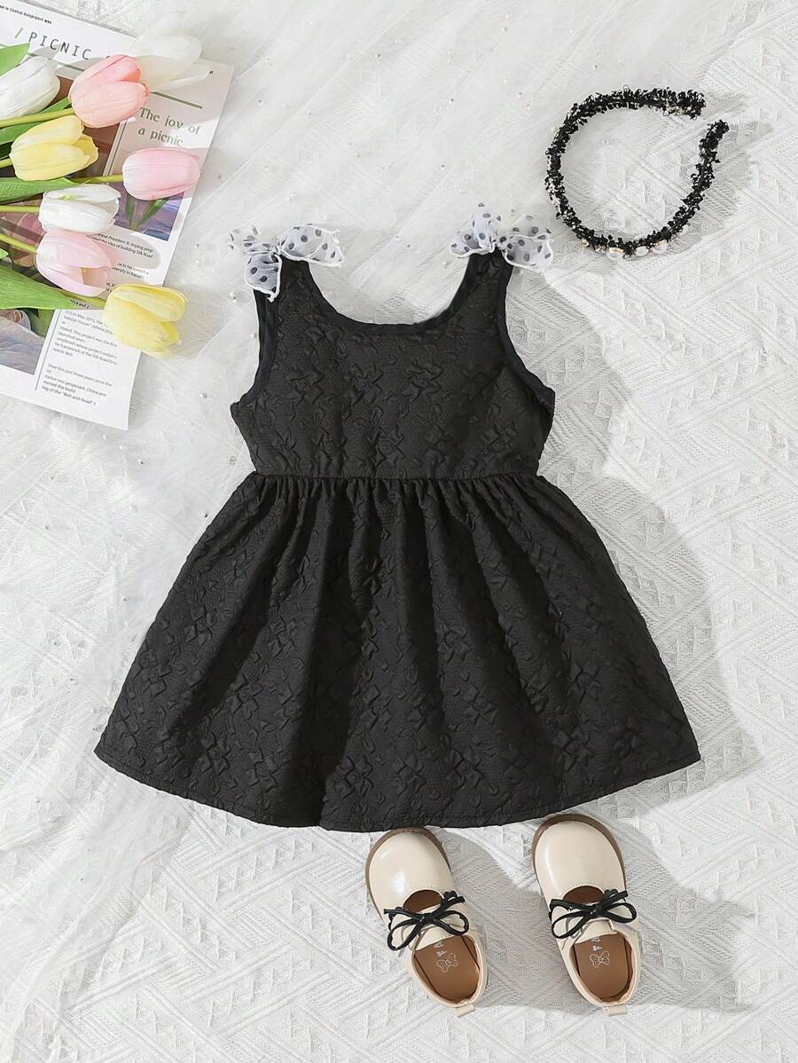 SHEIN 嬰兒花卉圖案提花肩部蝴蝶結無袖洋裝 - 黑色 - 查看 1