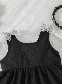 SHEIN 嬰兒花卉圖案提花肩部蝴蝶結無袖洋裝 - 黑色 - 查看 3