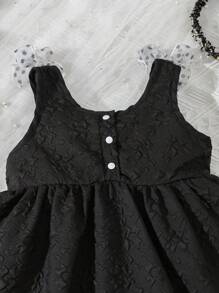 SHEIN 嬰兒花卉圖案提花肩部蝴蝶結無袖洋裝 - 黑色 - 查看 6