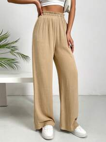 SHEIN EZwear Quần nữ Quần paper-bag màu trơn Giải trí - Màu Khaki - Xem 3