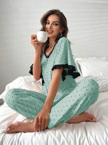 Bộ đồ ngủ Nữ Tương phản ren Xù Chấm bi - Màu xanh Bạc hà - Xem 1